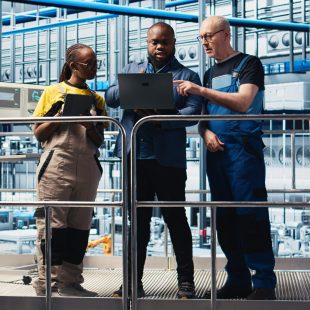 Smart factory manager discussing with employees automated workflow implementation. Supervisor overseeing industrial plant talks with workers, integrating sensors into production, camera A